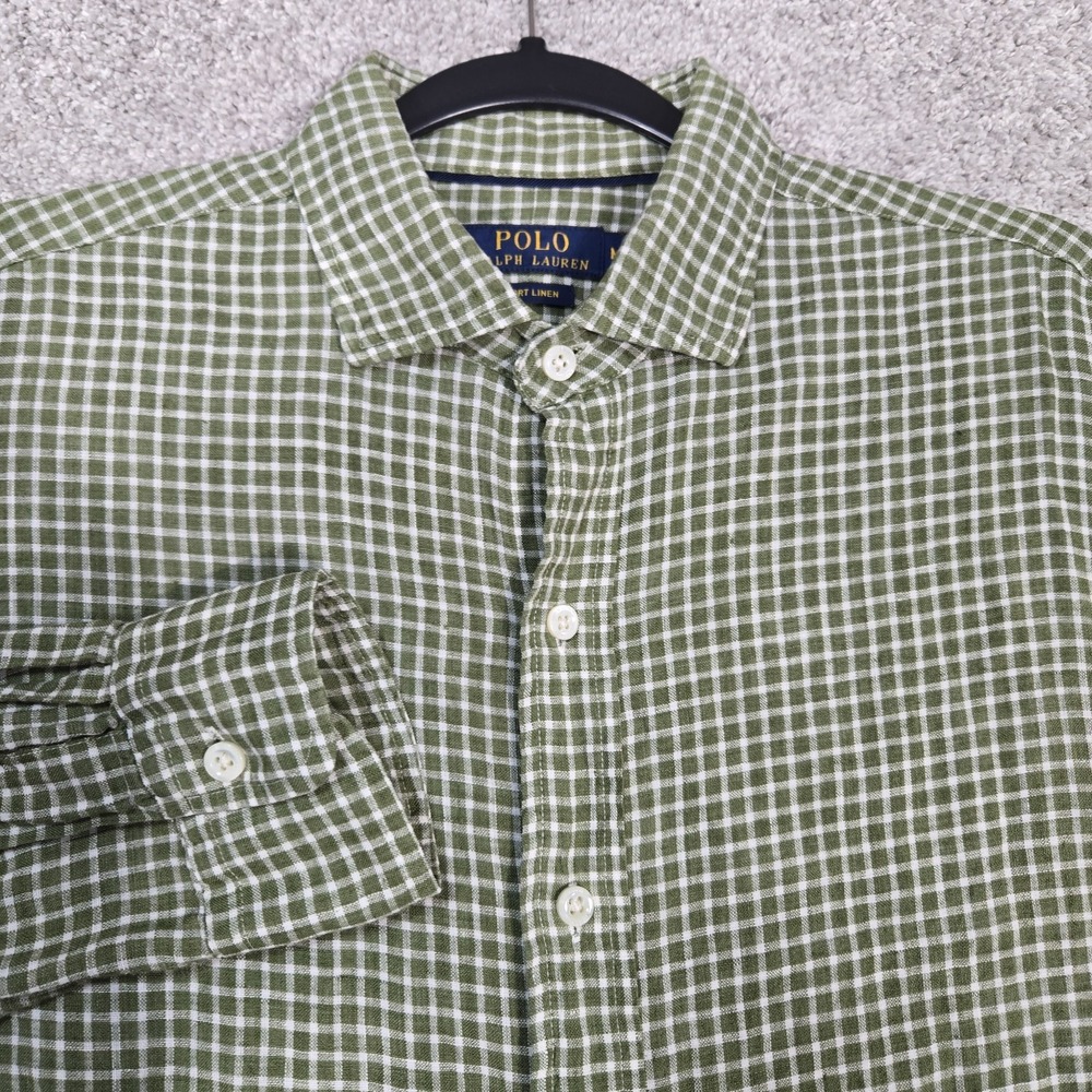 Polo Ralph Lauren Shirt Mens Medium Green Check Resort 100% Linen Long Sleeve